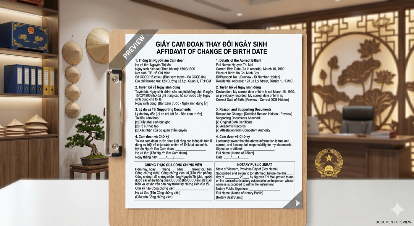 Affidavit of Change of Birth Date — bilingual English and Vietnamese legal document with notary section, for USCIS immigration