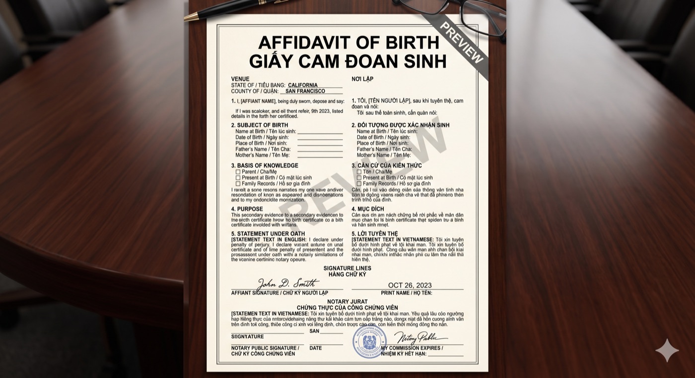Bilingual Affidavit of Birth document in English and Vietnamese — official legal format with signature lines for USCIS immigration