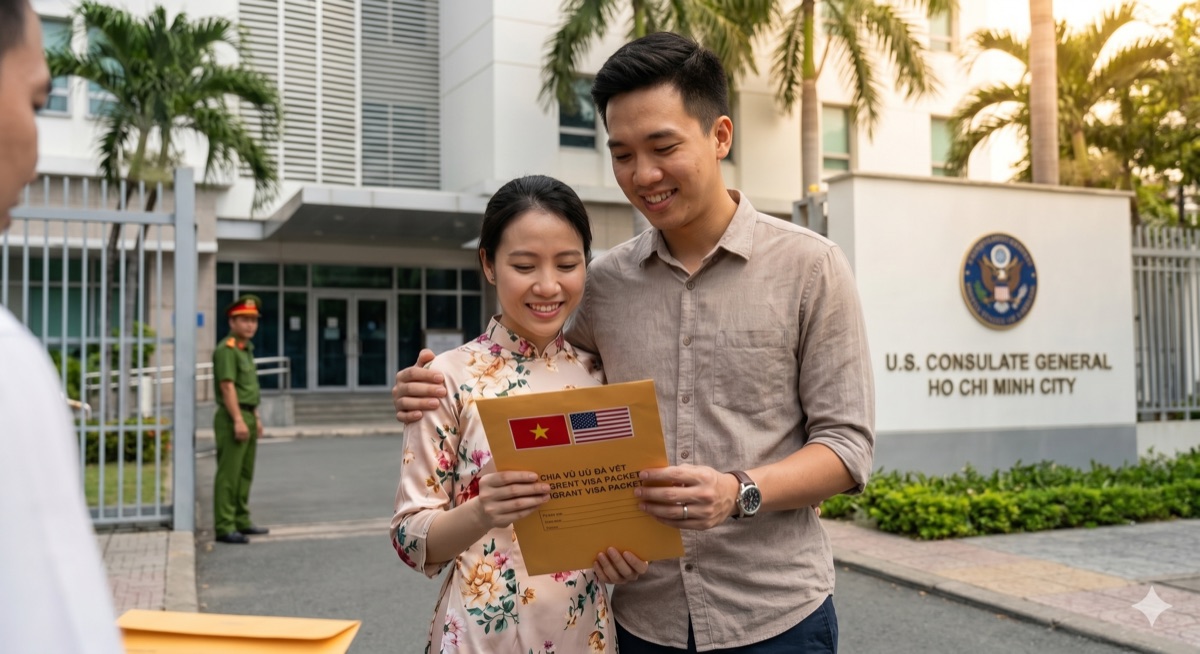 A Vietnamese-American couple at the US Consulate General in Ho Chi Minh City holding an immigrant visa packet