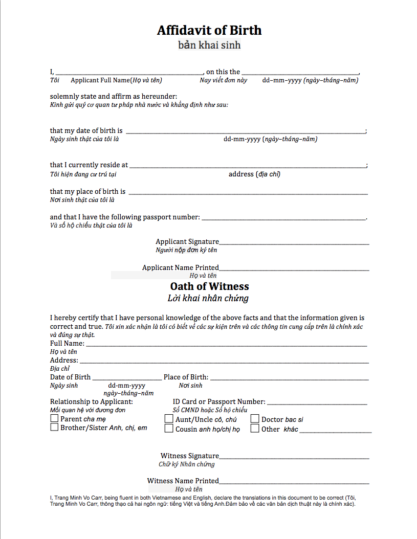 Bilingual Affidavit of Birth document preview in English and Vietnamese for USCIS immigration