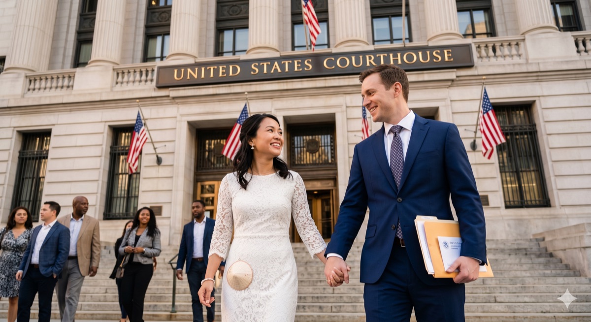 Vietnamese-American couple holding hands outside US courthouse — K-1 fiancé visa and marriage immigration process