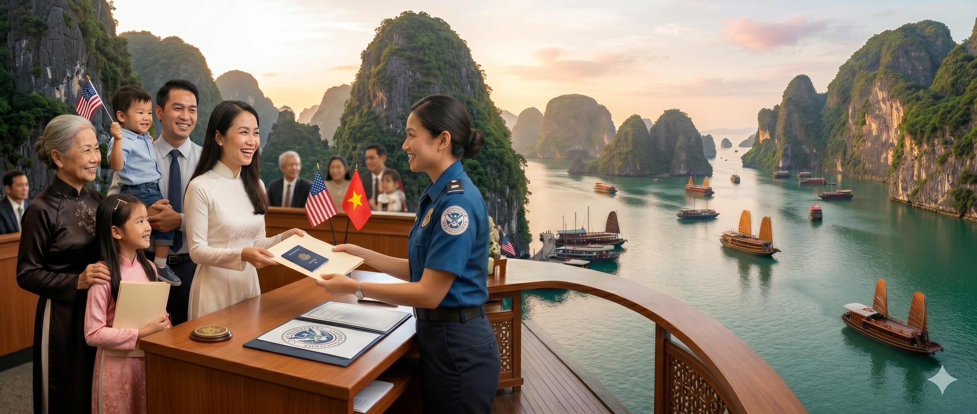 Vietnamese-American family navigating immigration documents between Vietnam and the United States