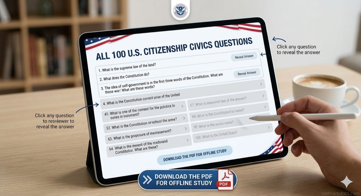All 100 US citizenship civics questions and answers study guide — bilingual English and Vietnamese for naturalization interview