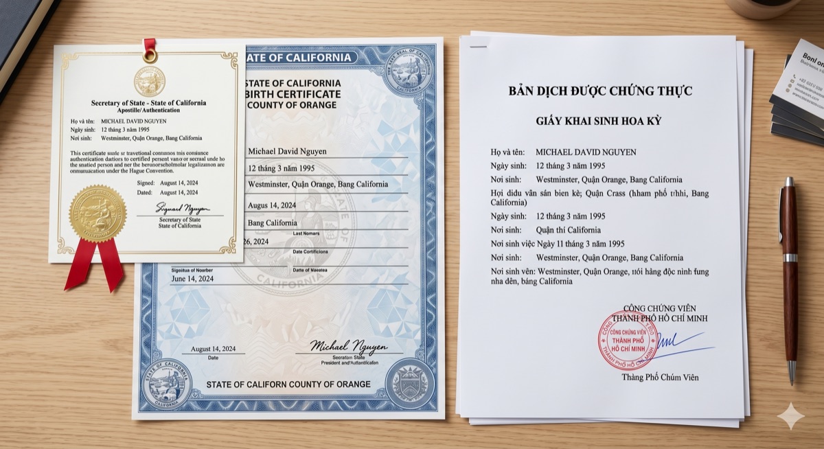 A US birth certificate with a Secretary of State apostille certificate attached, next to a Vietnamese-language certified translation