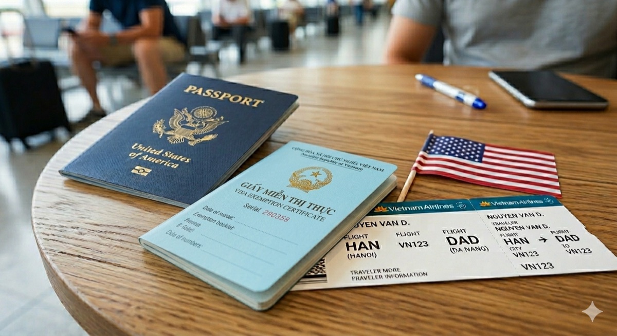 Vietnamese passport with visa exemption stamp next to plane ticket and Vietnamese flag — 5-year multiple entry visa exemption for foreigners