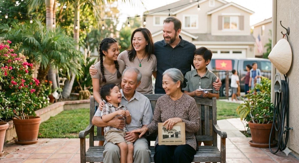 A warm photo of a Vietnamese-American family — parents, children, and grandparents — together