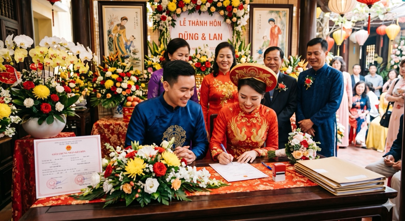 Vietnamese wedding ceremony with traditional áo dài clothing and flowers